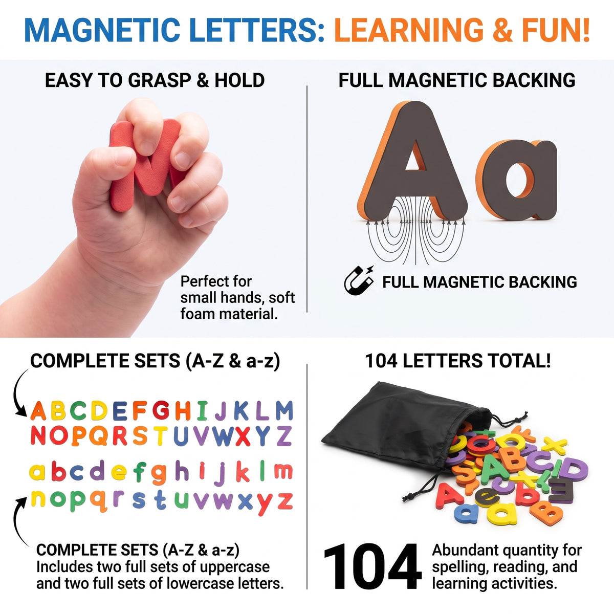 Magnetic letters learning toy set shown on a white background with feature callouts: a hand holding red foam letters, full magnetic backing on letters and pouch, complete sets of uppercase and lowercase letters, and a black drawstring pouch with colorful letters spilling out. Text states 104 letters total.