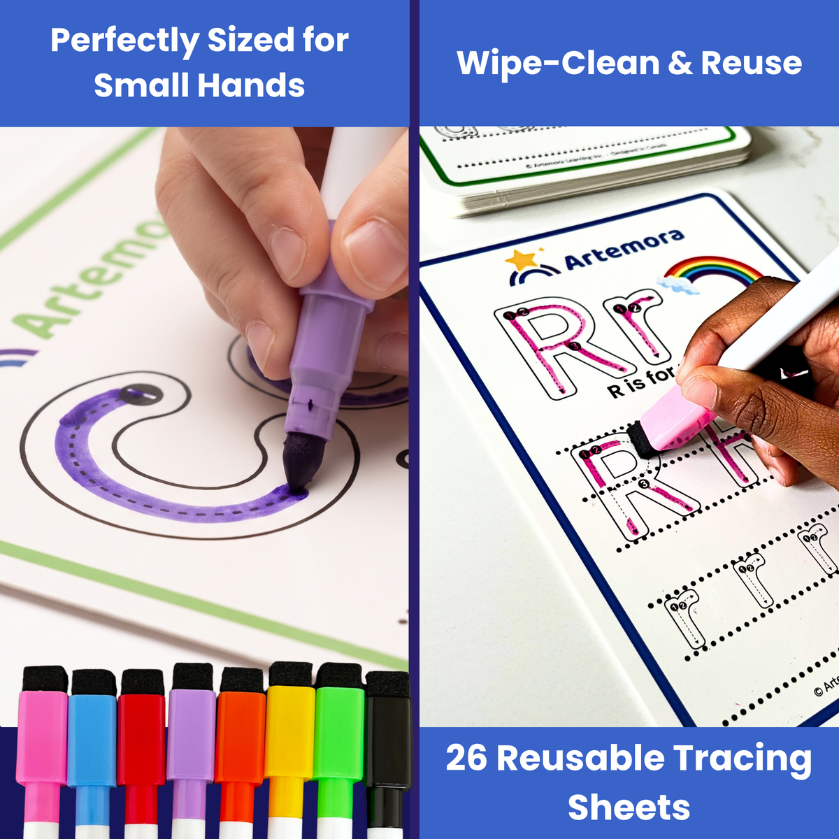 A split promotional image for Artemora Learning's ABC Adventure Kit reusable tracing markers and tracing sheets. The left panel shows a hand using a lavender marker on a tracing sheet, with text reading 'Perfectly Sized for Small Hands. The right column shows a hand using the attached eraser to wipe clean a reusable tracing sheet.