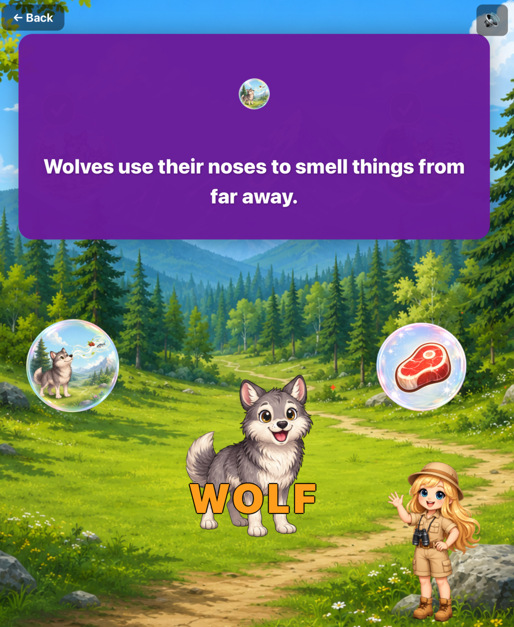 Animal Pals Land Adventure - an educational kids app showing an animal fun fact. A forest scene with a cartoon wolf in the center, Lumi, a girl scout character at bottom right, and fact bubbles showing different facts about the animal wolf. A large purple text box says, 'Wolves use their noses to smell things from far away.