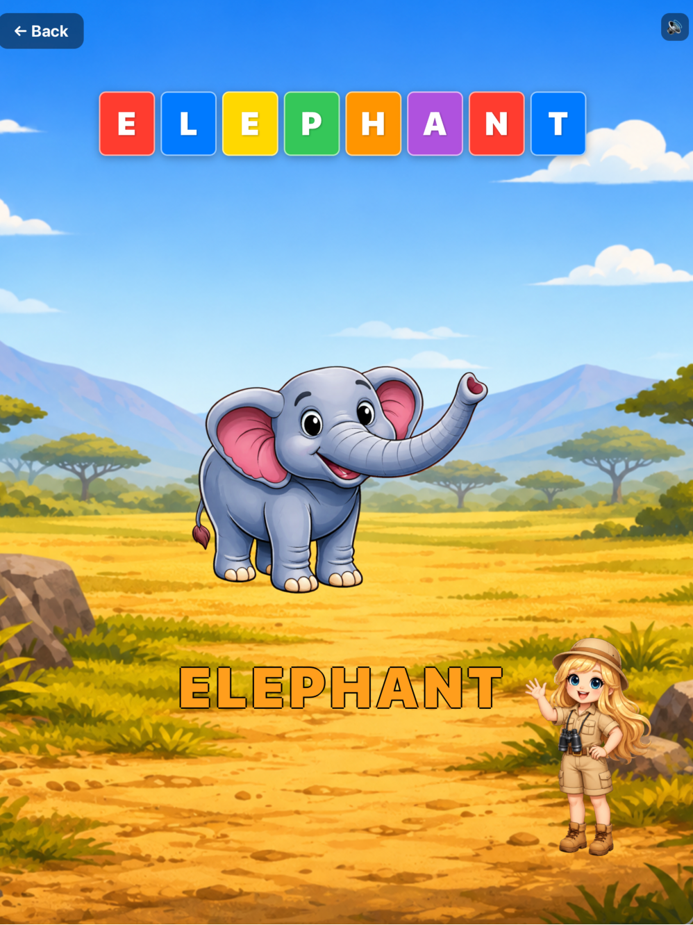 Animal Pals - Land Adventure - A colorful children's educational app screen showing a cartoon gray elephant in a savanna landscape, with the word 'ELEPHANT' spelled out in colored letter tiles at the top and the word 'ELEPHANT' in large text below. A cartoon girl in safari attire stands at the bottom right.