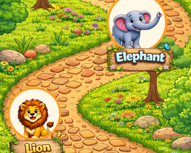 Animal Pals land adventure showing a colorful cartoon-style illustrated scene showing a winding stone path through a grassy landscape with three animal portrait circles labeled Zebra, Elephant, and Lion.