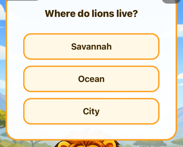 Animal pals land adventure showing question on lion habitats with three multiple-choice options: Savannah, Ocean, and City. A cartoon lion face appears at the bottom against a safari landscape background.