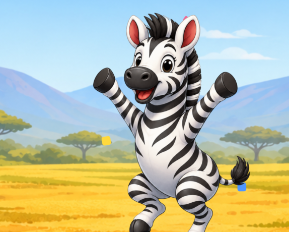 Animal pals - land adventure zebra character jumping in a safari landscape with a blue sky, distant mountains, trees, and small floating colored squares.